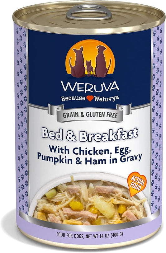 Weruva Classic Dog Food, Bed & Breakfast with Chicken, Egg, Pumpkin & Ham in Gravy, 14oz Can (Pack of 12)