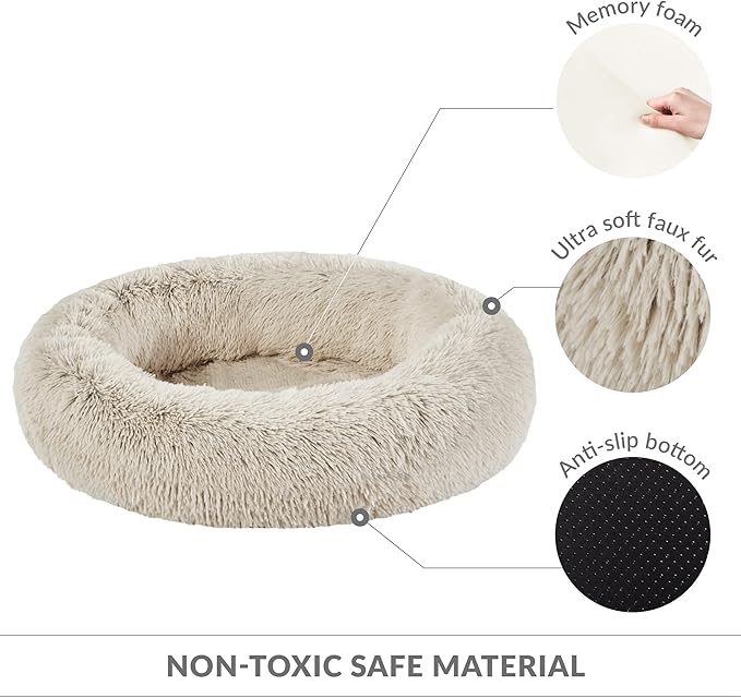 Friends Forever Calming Dog Bed for Medium Dogs, Donut Medium Pet Bed, 30 Inches Memory Foam Orthopedic Dog Bed with Fluffy Plush Faux Fur, Machine Washable, Serena Tan, 30"x23"x6.5"