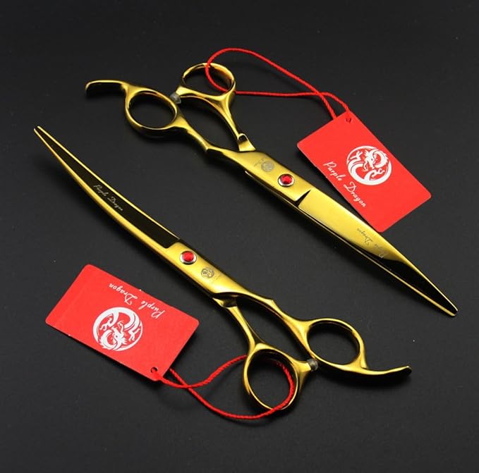 Purple Dragon Professional 7.0 inch 4PCS Pet Grooming Scissors Kit Japan Premium Steel Straight & Curved & Thinning Blade Dog Hair Cutting Shears Set with Case