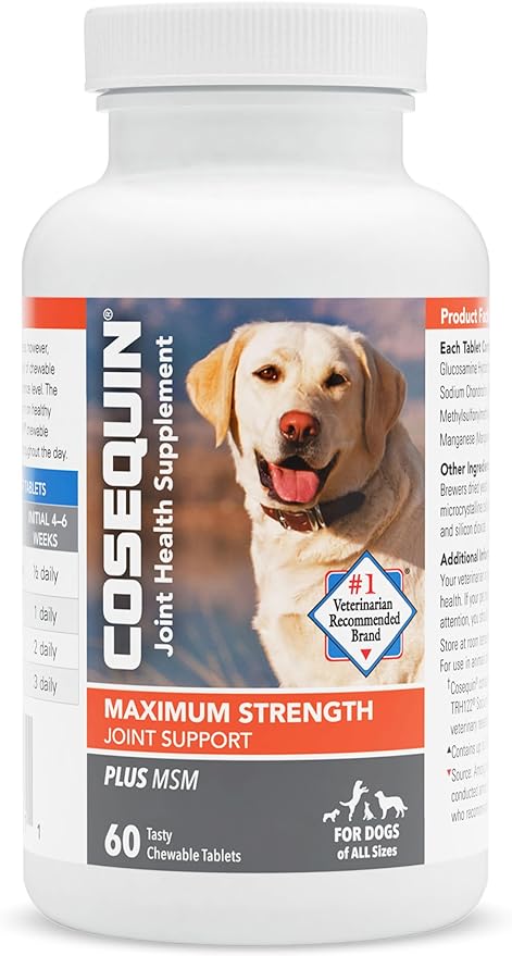 Nutramax Laboratories Cosequin Maximum Strength Joint Health Supplement for Dogs - With Glucosamine, Chondroitin, and MSM, 60 Chewable Tablets