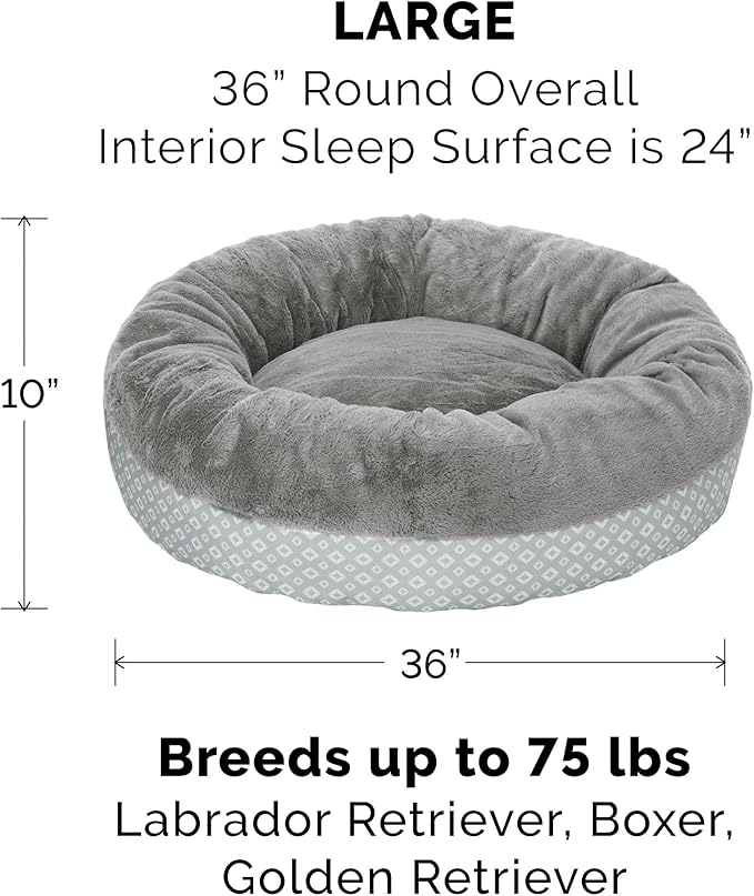 Furhaven Dog Plush Donut Bed, 36' Round, Gray, Large, 75 lbs Capacity, Recycled Fill, Removable Cover