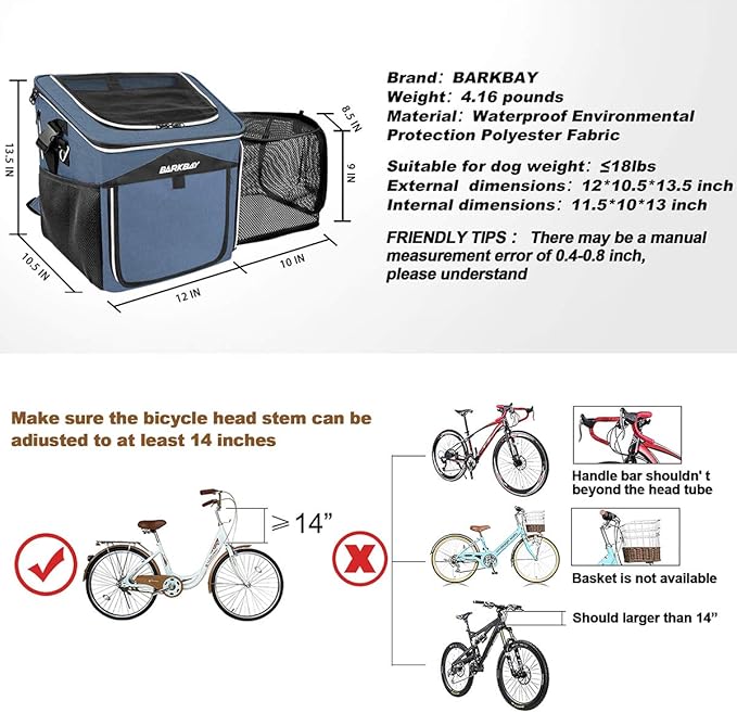 Dog Bike Basket Carrier, Expandable Foldable Soft-Sided Dog Carrier, 2 Open Doors, 5 Reflective Tapes, Pet Travel Bag,Dog Backpack Carrier Safe and Easy for small medium Cats and Dogs(Blue)