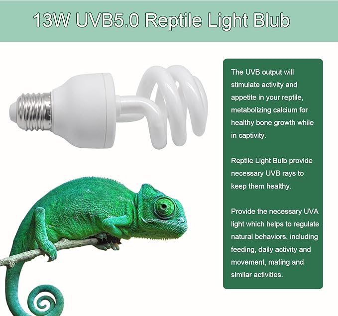 UVB Reptile Light Bulb 5.0 13W, UVA-UVB Bulbs for Reptiles Ideal for Rainforest Reptiles Bearded Dragons Lizard Tortoise Iguanas Chameleons Snake - 2 Pack