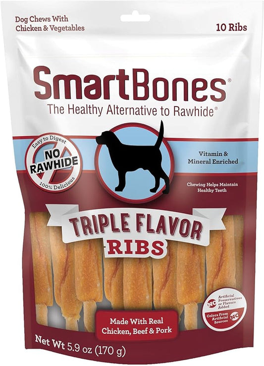 SmartBones No Artificial Colors or Preservatives Rib and Wing Chews, Treat Your Dog to a Fun Shapped Triple Flavor Chew