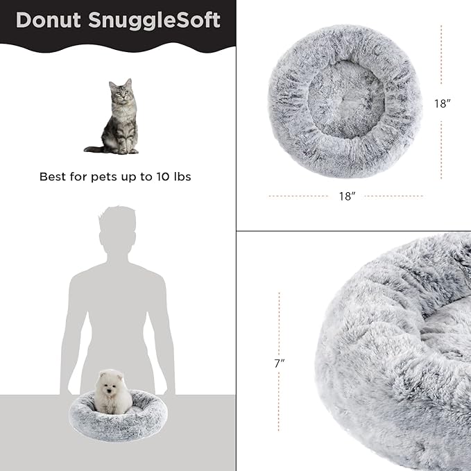 Best Friends by Sheri SnuggleSoft Faux Rabbit Fur Memory Foam Calming Donut Bed for Small Dogs and Cats, Grey, 18" x 18"
