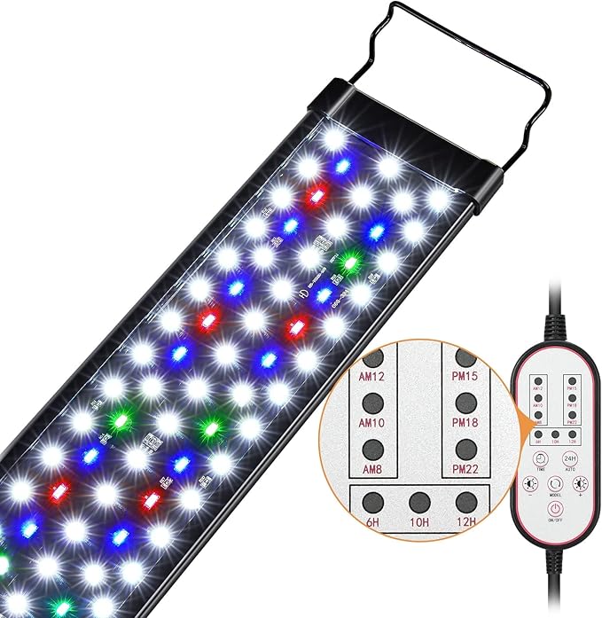 Aquarium Light, 18W 24/7 Natural Mode Aquarium Light, Sunrise/Daylight/Moonlight Mode and Custom Mode with Expandable Bracket, Adjustable Timer and 7 Color Brightness for 18~24IN Fish Tank