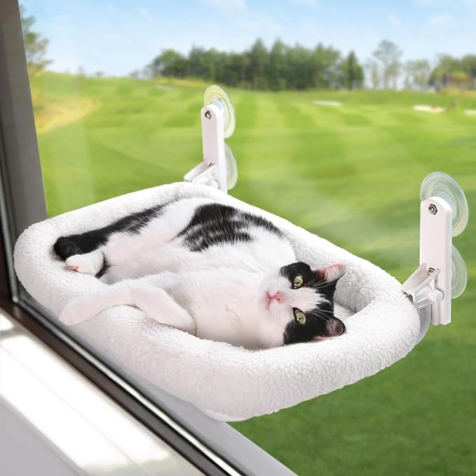 Foldable Cat Hammock for Window - Cordless, Embeded Machine Washable Padded Bed, Robust Metal Frame - Cat Window Perch for Large Cats and Kittens - Large White