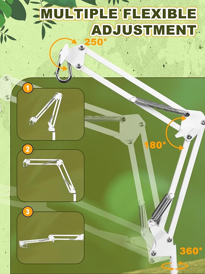 Reptile Lamp Stand, Heat Lamp Stand (15.7 to 74.3 inch) with Adjustable 360° Swing Arm for Terrarium, Reptile Heat Lamp Stand for Bearded Dragons, Turtles, and Chameleons (White)