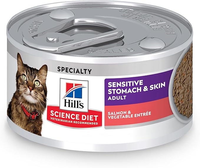 Hill's Science Diet Sensitive Stomach & Skin, Adult 1-6, Stomach & Skin Sensitivity Support, Wet Cat Food, Salmon & Vegetables Minced, 2.9 oz Can, Case of 24