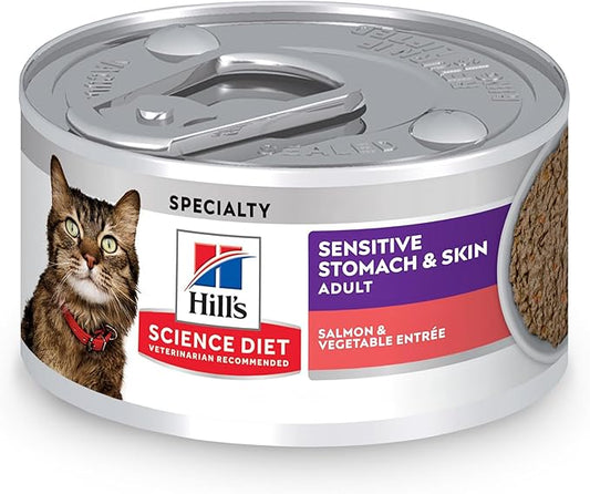 Hill's Science Diet Sensitive Stomach & Skin, Adult 1-6, Stomach & Skin Sensitivity Support, Wet Cat Food, Salmon & Vegetables Minced, 2.9 oz Can, Case of 24