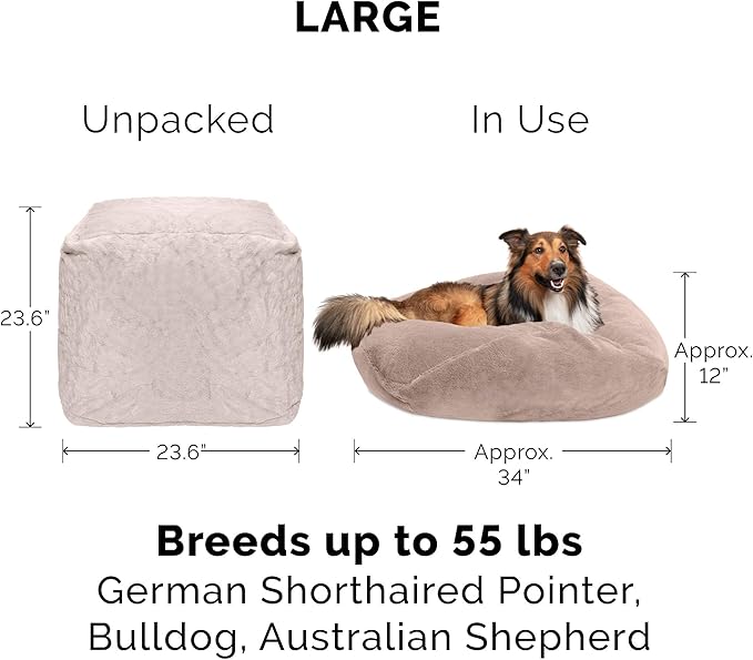 Furhaven Soft & Cozy Dog Bed for Large/Medium Dogs, Refillable w/ Removable Washable Cover & Liner, For Dogs Up to 55 lbs - Plush Faux Fur Bean Bag Style Ball Bed - Shell (Pink Tan), Large