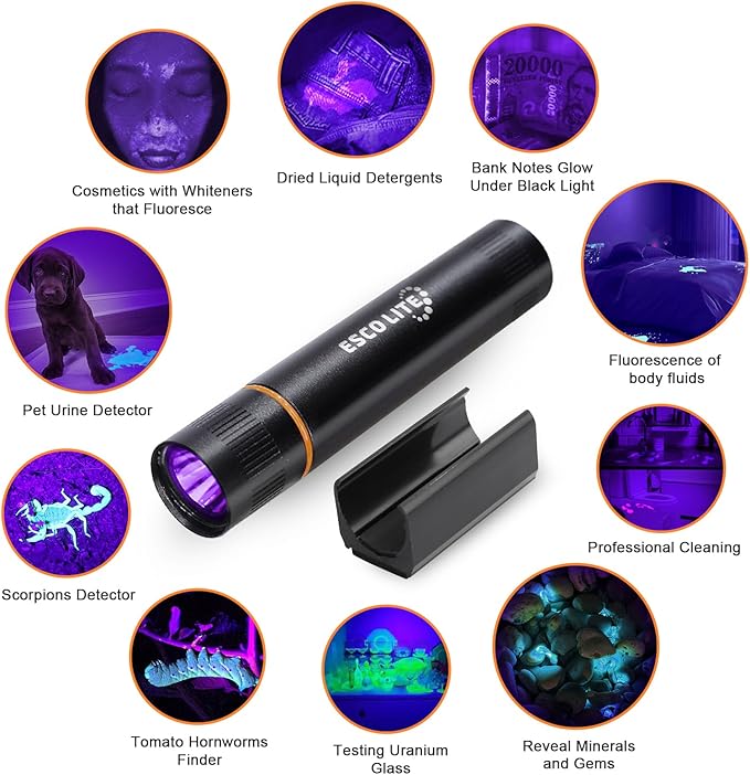 ESCOLITE Black Light Flashlight Mini, 385nM UV Flashlights for pet urine detection, Stickable Ultraviolet Blacklight Flashlight, Blue Light Flashlight UV Light for Dry Stains(Battery Included)