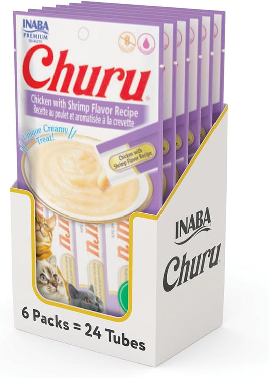 INABA Churu Cat Treats, Grain-Free, Lickable, Squeezable Creamy Purée Cat Treat/Topper with Vitamin E & Taurine, 0.5 Ounces Each Tube, 24 Tubes (4 per Pack), Chicken with Shrimp Recipe