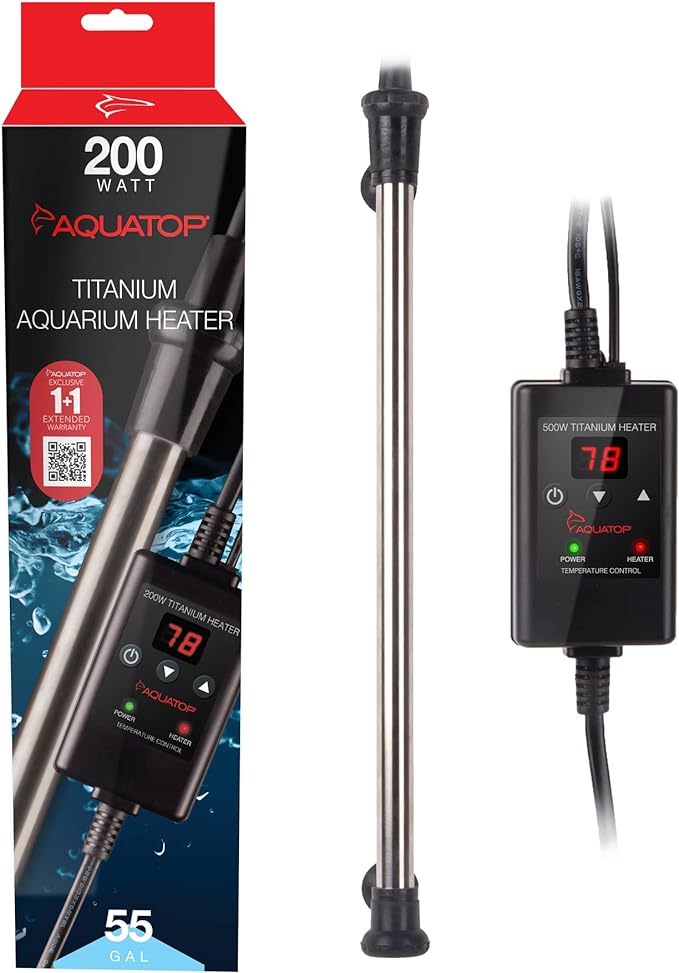 Aquatop 200W Titanium Heater with Controller - Fully Submersible for Fish Tanks Up to 55 Gallons, 68-92 Adjustable Temperature, Durable Water Heater, Aquarium Heater for Turtles & Large Fish, TH-C200