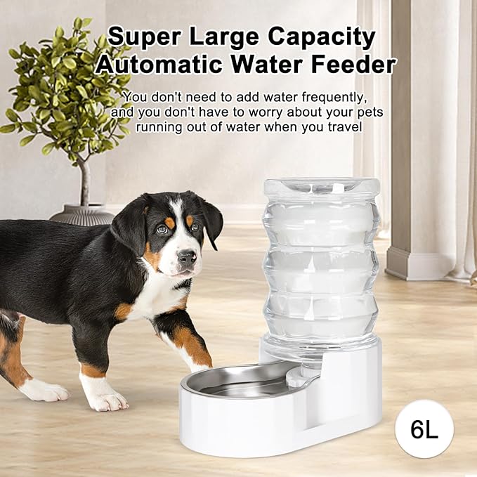 RIZZARI Upgraded 6L Automatic Gravity Dog Water Bowl Dispenser, 100% BPA-Free, Stainless Steel Cat Water Dispenser, Large Capacity Water Dispenser with Two Caps and Filters (6L+)