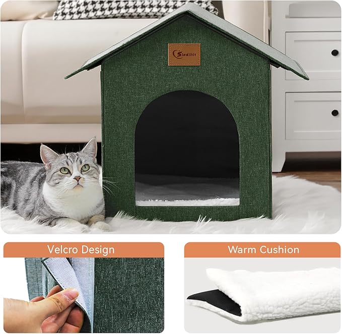 Outdoor Cat House, Outdoor Cat Shelter Feral Cat, Outside Waterproof Cat House for Outdoor/Indoor Cats, Insulated Cat House for Winter with Cozy Cushion, Easy to Assemble, Olive Green, 2 Pack