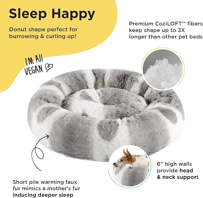 Best Friends by Sheri Patterned Lux Faux Fur Calming Small Donut Dog Bed, Gray, 18" x 18"