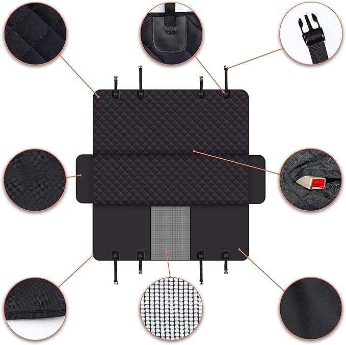 Dog Back Seat Cover Protector for Cars SUV and Trucks with Mesh Window, Scratchproof Nonslip and Waterproof Material Upgraded Version with Dog Leash(Black Orange)