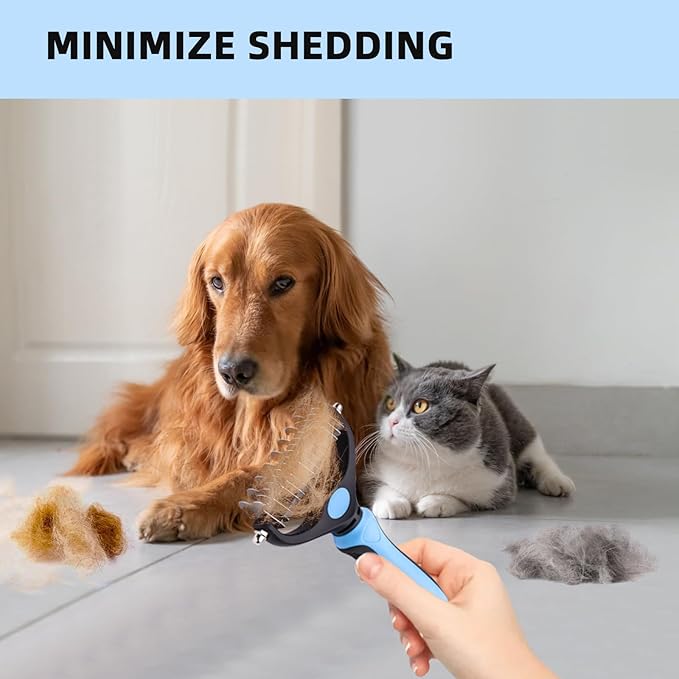 Pet Grooming Brush - Double Sided Shedding and Dematting Undercoat Rake for Dogs and Cats - Extra Wide Dog Grooming Brush, Dog Brush for Shedding, Cat Brush, Dog Brush, Pet Comb, Blue