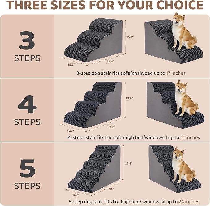 Dog Stairs for High Beds, 5-Step Dog Stairs for Small Dogs and Cats High Density Foam Dog Steps for Couch & Bed, Pet Stairs with Non-Slip Bottom for Doggies, Old Dogs and Injured Pets, Grey