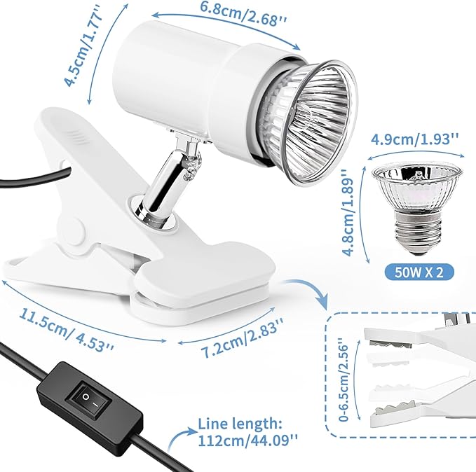 Reptile Heat Lamp, Rotatable UVA/UVB Light Lamp with 2PCS 50W Basking Bulbs, Suitable for Reptiles, Amphibians, Turtle, Lizard, Spiders, Birds, Snake (White)