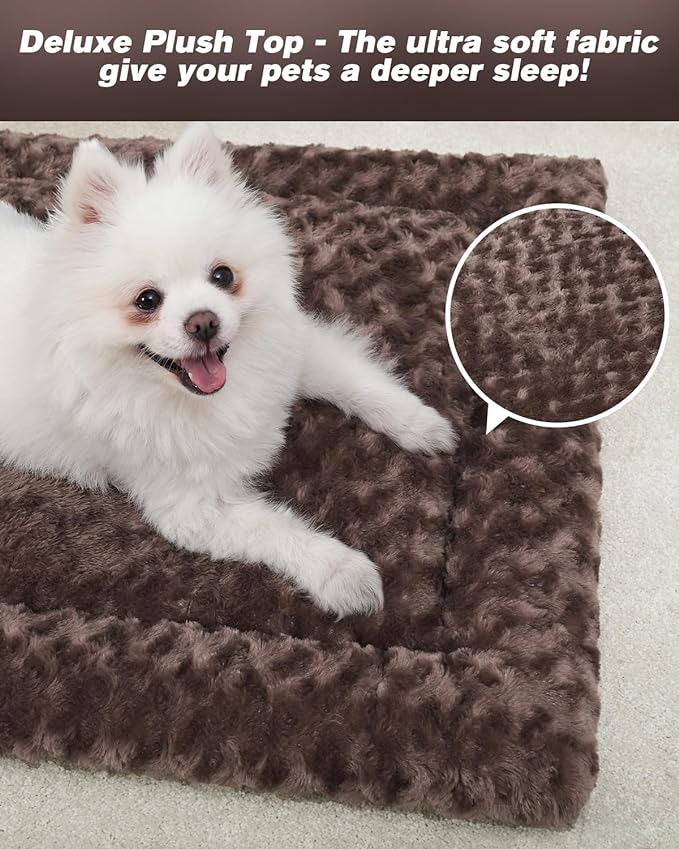Washable Dog Bed Mat Reversible Dog Crate Pad Soft Fluffy Pet Kennel Beds Dog Sleeping Mattress for Large Jumbo Medium Small Dogs, 35 x 22 Inch, Brown
