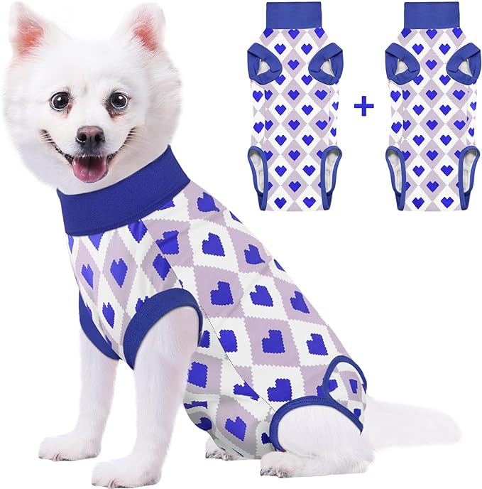 2 Packs Dog Recovery Suit Female Male, Blue Heart + Blue Heart, S