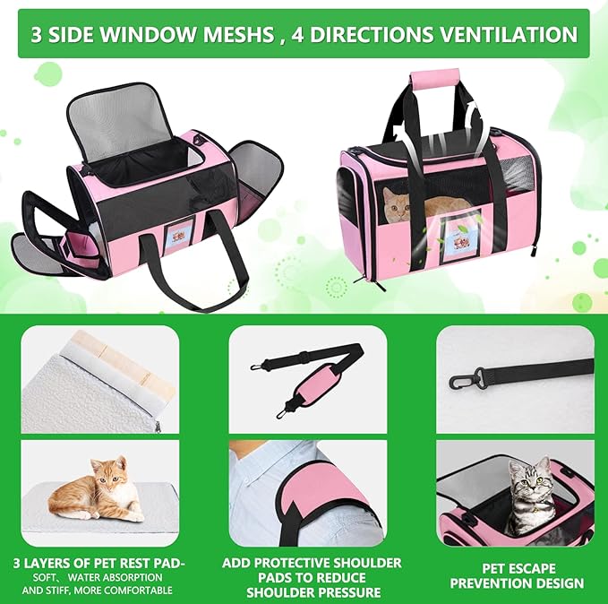 Extra Large Pet Carrier 20 lbs+, Soft Sided Cat Carriers for Large Cats Under 25 lbs, Folding Big Dog Carrier 20"x13"x13", Cat Carrier for 2 Cats Travel Carrier -Large- Pink