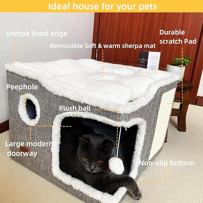 Cat Bed for Indoor Cats,Covered Cat Cave House & Furniture with Scratch Pad,Foldable Cat Hideaway Hut Cute Cat Condo with Soft Washable Mat for Multi Small Pet Under 30 lbs,Dark Grey