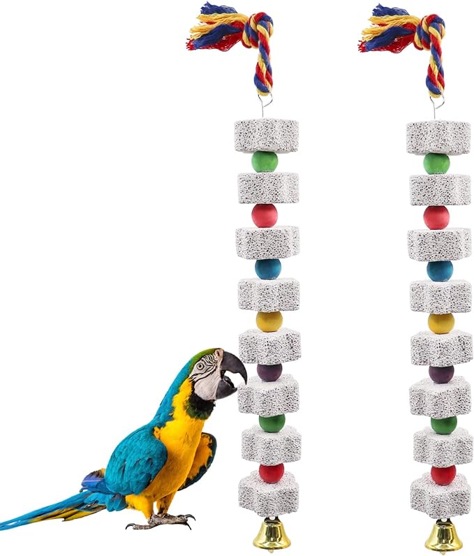 2 Pack Large Bird Chewing Toy, Parrot Beak Grinding Calcium Stone with Bells, Bird Cage Accessories, Cage Toys for Cockatiel Parakeet Parrot Budgies Rat Hamster Chinchilla Rabbit Bunny African Grey