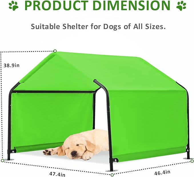 Dog Shade Shelter Outdoor Green Tent for Large Medium Dogs, 4'x4'x3' Outside Sun Rain Canopy Pet House for Cats Pigs Livestock with Waterproof Roof Ground Nails