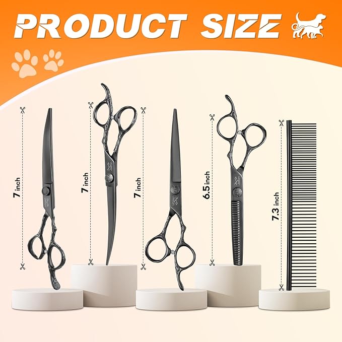 JASON Dog Grooming Scissors Set Professional 6 in 1 Dog Shears Kit - 6.5" Thinning, 7" Straight, 7" Up-Curved, 7" Down-curved Shears and Comb for Dog Cat Pet with Adjustable Screw (Black)