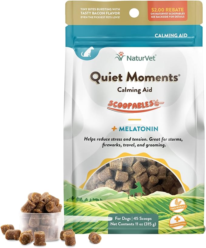 NaturVet Scoopables Quiet Moments Dog Calming Aid for Dogs - Promotes Calm with Stressful Events Like Storms, Fireworks, Travel, Separation Anxiety - Hickory Smoked Bacon Flavored | 11oz Bag