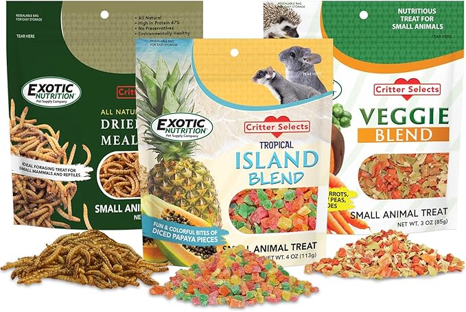 Treat Assortment 3 Pack - Pet Treats with Mix of Dried Fruits, Dried Insects, & Other Crunchies - for Sugar Gliders, Hedgehogs, Squirrels, Rabbits, Marmosets, Rats, Hamsters - Sample Variety