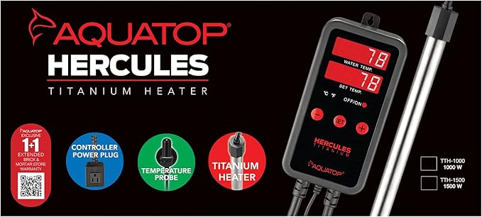 Aquatop 1500W Titanium Tube Heater with Digital Controller - Fully Submersible for 300-500 Gallon Fish Tanks, Adjustable High & Low Temperatures, Durable Water Heater, Aquarium Heaters, TTH-1500