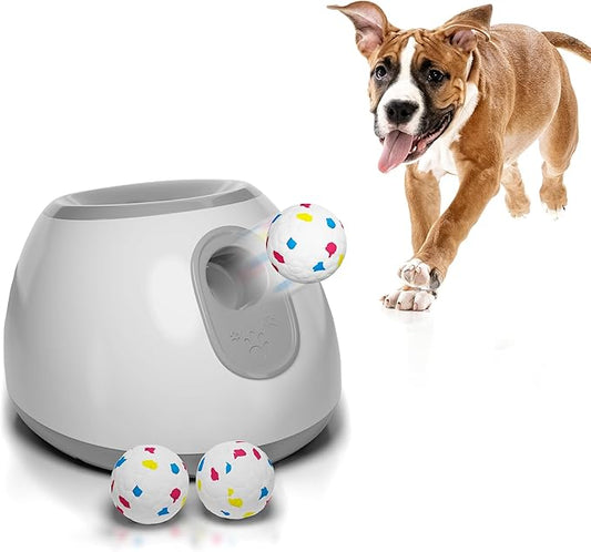 ABC Automatic Dog Ball Launcher. White Automatic Ball Thrower. ABS Automatic Ball Launcher for Small and Medium size dogs with Throwing Distance 10 ft, 20 ft, 30 ft. Dog Ball Thrower with 3 Balls