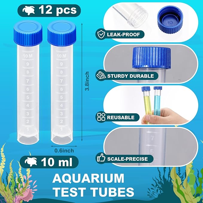 12 Pcs Replacement Test Tubes for Aquarium Test Kits, 10ml Plastic Frozen Self Standing Test Tubes with Scale line for Aquarium Water Testing