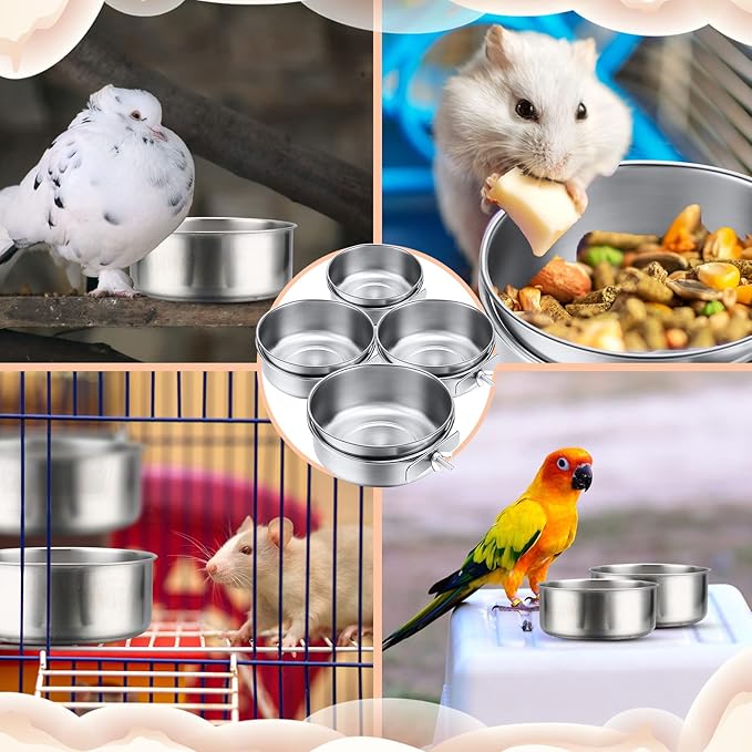 4 Packs Stainless Steel Bird Feeding Dish Cups 30 oz Bird Feeder Parrot Water Food Bowl Stainless Steel Pet Bowls with Clamp Bird Cage Accessories for Bird Cockatiel Budgies Parakeet Small Animals