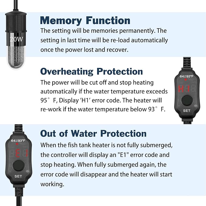 Adjustable Mini Aquarium Heater 0.5/1/2/3 Gallon Submersible Small Fish Tank Heater 10W/20W/30W Digital Display Thermostat External Temperature Controller(20W)