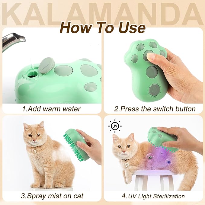 Cat Steam Brush for Shedding, 4 in 1 Steamy Cat Brush with Cleanser, Dog Massage Grooming Brush with Release Button, Pet Hair Cleaning Misting Comb for Kitten(Green Paw)