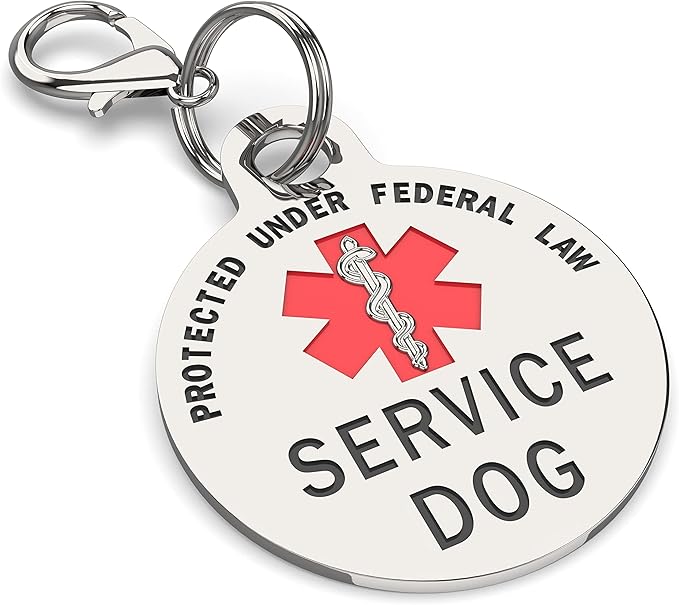 Service Dog TAG Small Breed Premium Double Sided Dog Identification .999 inch Engraved -Bold Protected Under Federal Law with Medical Alert Symbol Easily Attach to Collar Harness and Service Dog Vest