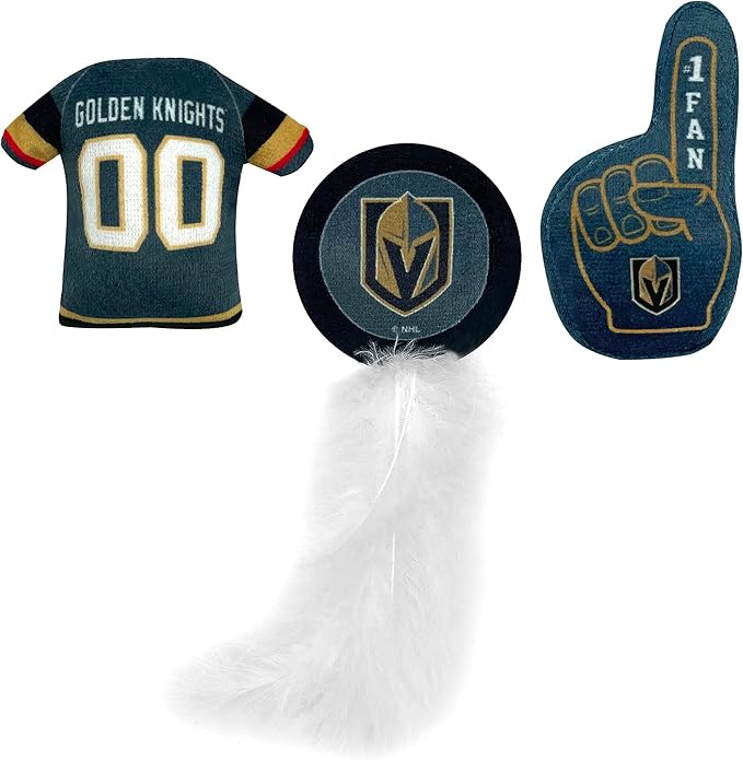 BEST PLUSH CAT TOY NHL LAS VEGAS GOLDEN KNIGHTS Complete Set of 3 piece Cat Toys filled with Fresh Catnip. Includes: 1 Jersey Cat Toy, 1 Hockey Puck Cat Toy with Feathers & 1 #1 Fan Cat Toy. Team LOGO