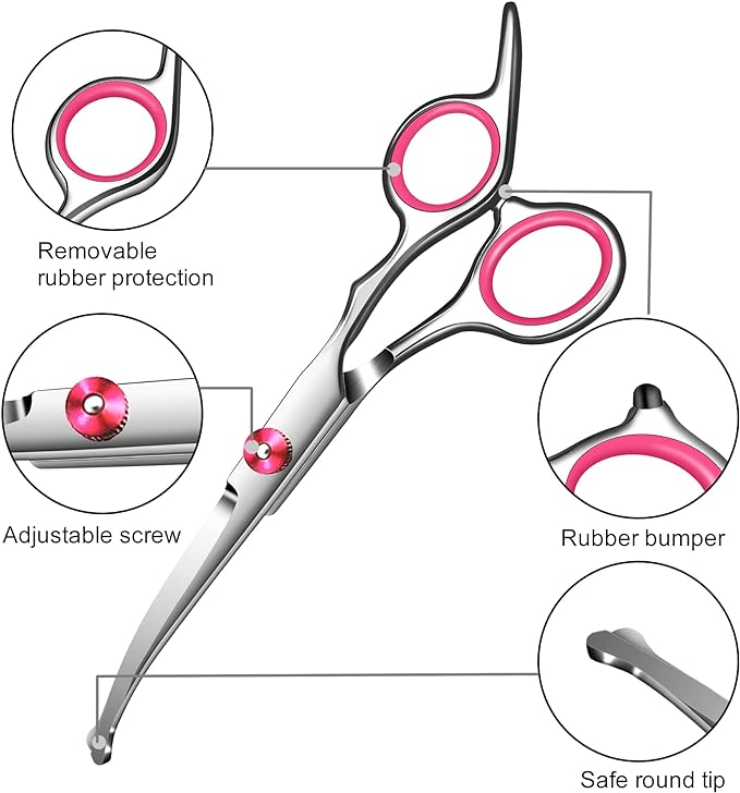 Pink Dog Grooming Scissors with Safety Round Tip,Professional Dog Grooming Kit,Dog Hair Shears Set,Incude Thinning Curved Straight Scissors and Comb for Pets.Suitable for The Right Hand