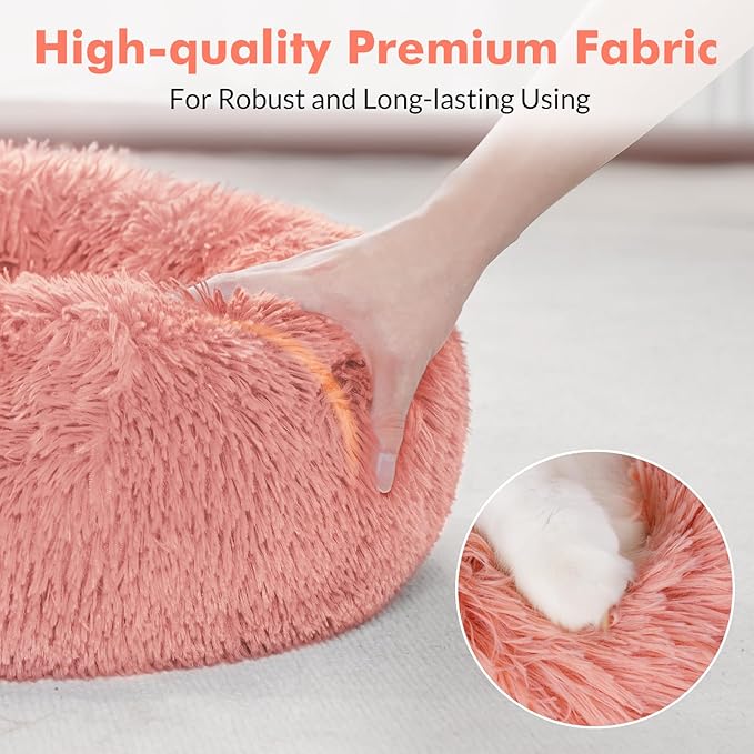 rabbitgoo Cat Beds for Indoor Cats, 24 inches Cat Bed Machine Washable, Fluffy Round Pet Bed Non-Slip, Calming Soft Plush Donut Cuddler Cushion Self Warming for Small Dogs Kittens, Pink, Large