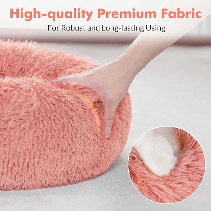 rabbitgoo Cat Beds for Indoor Cats, 20 inches Cat Bed Machine Washable, Fluffy Round Pet Bed Non-Slip, Calming Soft Plush Donut Cuddler Cushion Self Warming for Small Dogs Kittens, Light Pink, Medium