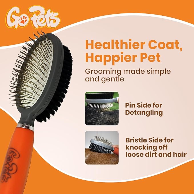 GoPets Professional Double-Sided Pin & Bristle Brush: Pet Grooming Comb, Dogs & Cats of All Breeds, Removes Shedding, Dirt, & Mats from Short, Medium, or Long Hair, Ergonomic Handle Comfortable