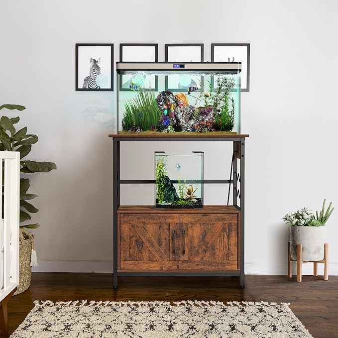 Snughome Aquarium Stand, Fish Tank Stand with Cabinet for Fish Tank Accessories Storage, Metal Fish Tank Stand 29.92" x 16.53" x 32.87", Rustic Brown