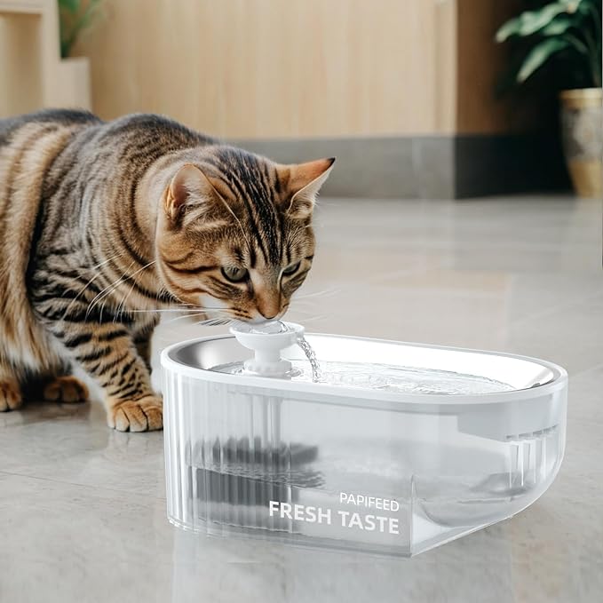 Cat Water Fountain, 84oz/2.5L Automatic Pet Water Fountain Dog Water Dispenser with a Stainless Steel Tray, Easy Cleaning for Cats, Dogs, LED Light - Clear