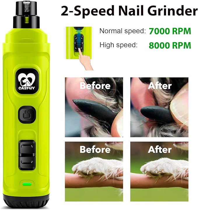 Casfuy Dog Nail Grinder with 2 LED Light - New Version 2-Speed Powerful Electric Pet Nail Trimmer Professional Quiet Painless Paws Grooming & Smoothing for Small Medium Large Dogs(Green)