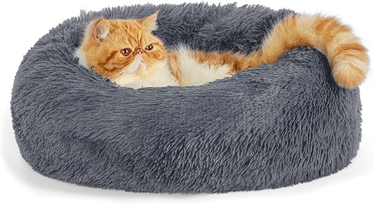 Bedsure Calming Cat Beds for Indoor Cats - Small Cat Bed Washable 20 inches, Anti-Slip Round Fluffy Plush Faux Fur Pet Bed, Fits up to 15 lbs Pets, Dark Grey